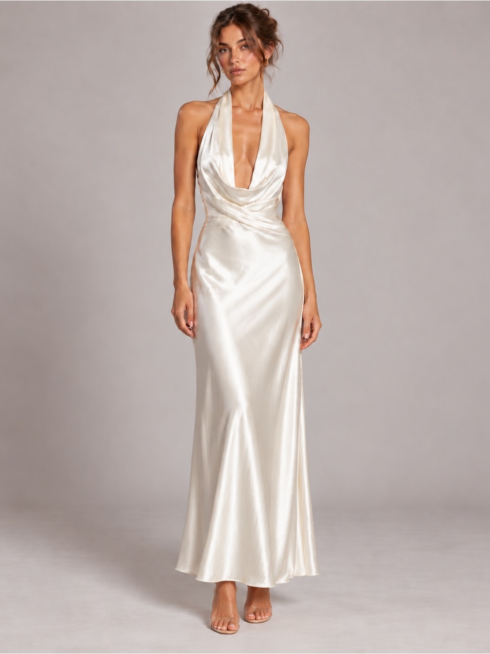 NWOT here comes the sun, Elegant White Satin Halter wrap Dress, sz S
